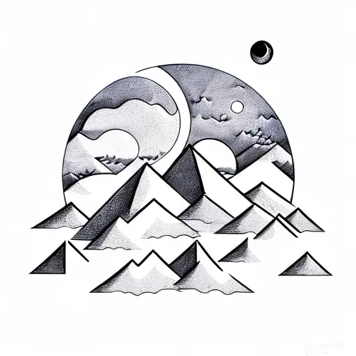 Mountain Scene. Clouds over the himalayas with the sun and moon on the left and right side respectively  tattoo design idea