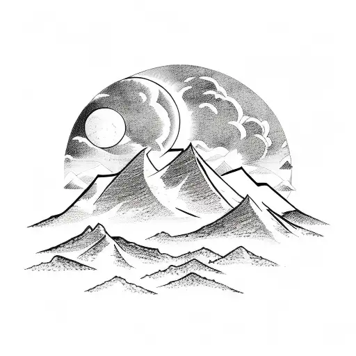 Mountain Scene. Clouds over the himalayas with the sun and moon on the left and right side respectively  tattoo design idea
