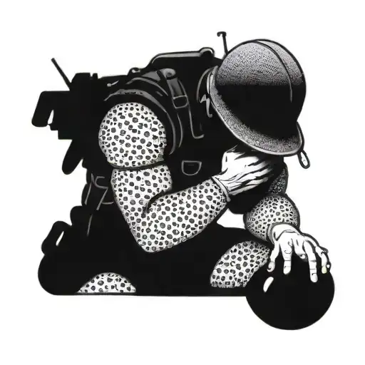 A dotwork tattoo of a soldier kneeling in prayer, with a halo above his head to represent divine protection tattoo design idea
