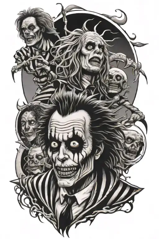 sleeve tattoo featuring, Beetlejuice,horror, captain spalding  tattoo design idea