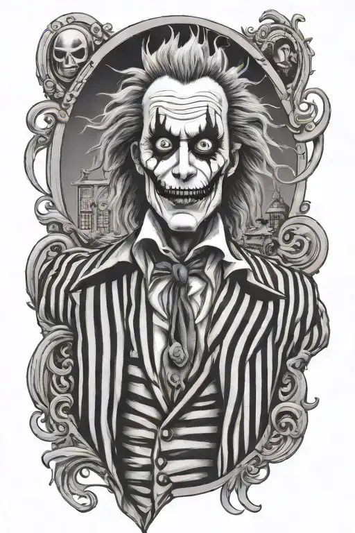 sleeve tattoo featuring, Beetlejuice,horror, captain spalding  tattoo design idea