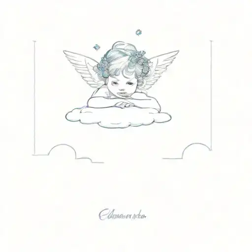 cherub on a cloud with a blue forget me not flower crown on his head tattoo design idea