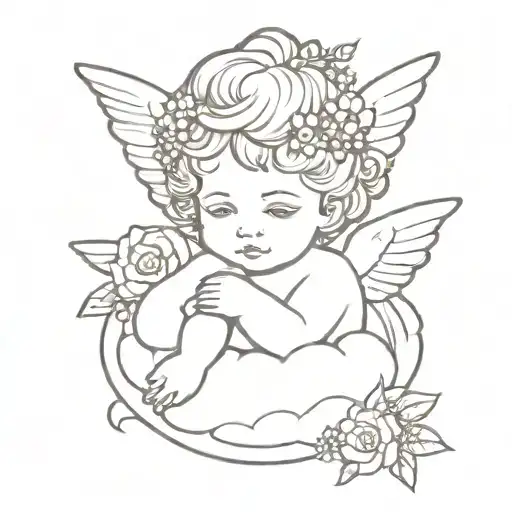 cherub on a cloud with a forget me not flower crown tattoo design idea