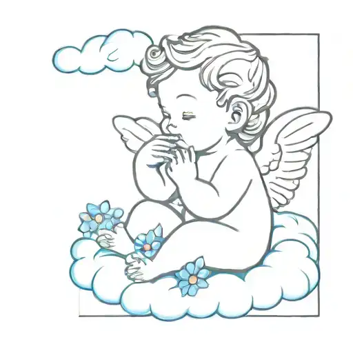 cherub on a cloud holding a blue forget me not tattoo design idea