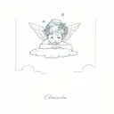 cherub on a cloud with a blue forget me not flower crown on his head tattoo design idea