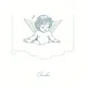 cherub on a cloud with a blue forget me not flower crown on his head tattoo design idea