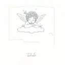 cherub on a cloud with a blue forget me not flower crown on his head tattoo design idea