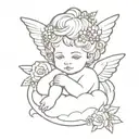 cherub on a cloud with a forget me not flower crown tattoo design idea