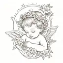 cherub on a cloud with a forget me not flower crown tattoo design idea