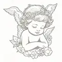 cherub on a cloud with a forget me not flower crown tattoo design idea