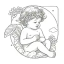 cherub on a cloud with a forget me not flower crown tattoo design idea