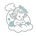 cherub on a cloud with a blue forget me not flower crown on his head tattoo design idea