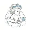 cherub on a cloud with a blue forget me not flower crown on his head tattoo design idea