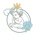 cherub on a cloud with a blue forget me not flower crown on his head tattoo design idea