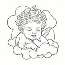 cherub on a cloud with a blue forget me not flower crown on his head tattoo design idea