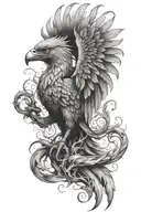 unique, amazing tattoo design on upper arm, mystical & intricate, black and white, 1 pheonix rising from big ashes gripp tattoo design idea