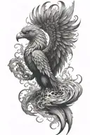 unique, amazing tattoo design on upper arm, mystical & intricate, black and white, 1 pheonix rising from big ashes gripp tattoo design idea