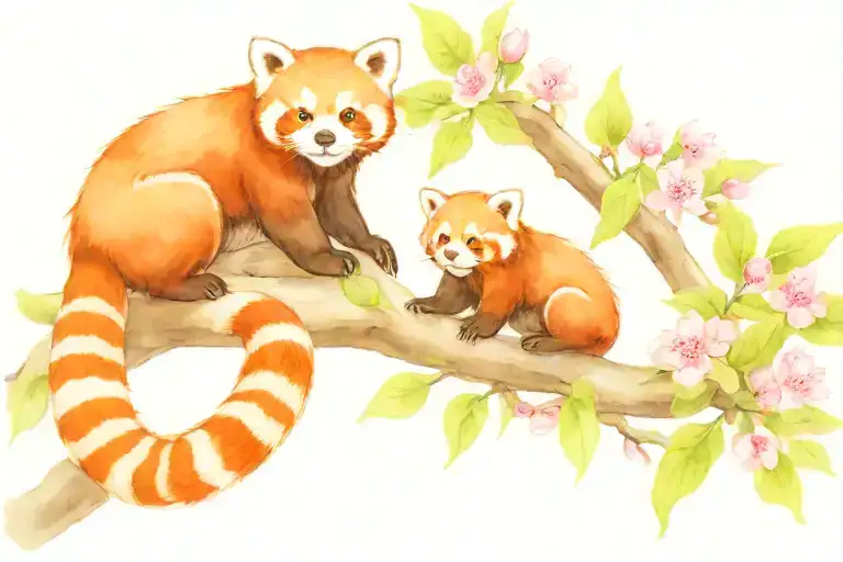 red panda mother and 4 red panda babies on a cherry blossom branch tattoo design idea