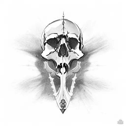 the skull of a man pierced with a dagger by a baselard from top to bottom, the blade is visible through an open mouth wi tattoo design idea