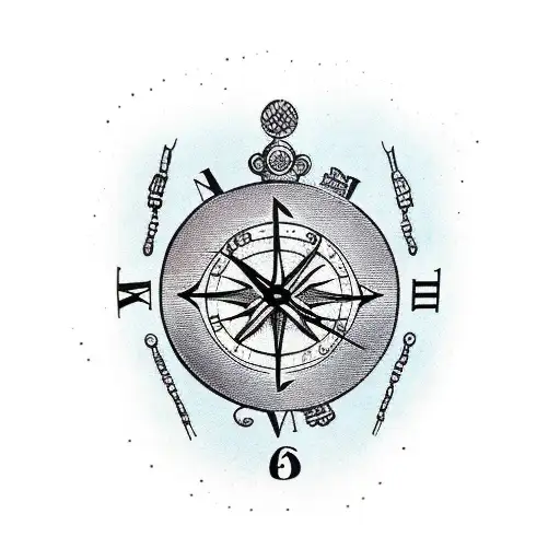 clock and compass full arm tattoo design idea