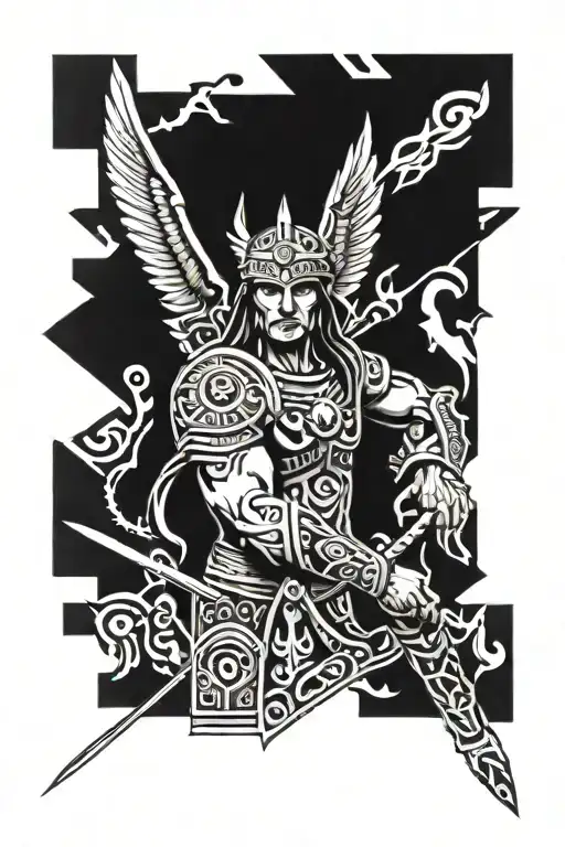 left arm tattoo that has an Aztec warrior, an angel warrior, law symbol tattoo design idea