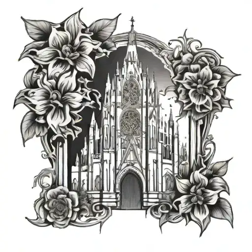 A tattoo design of a gothic cathedral with punk rock influences, adorned with dark and mysterious flowers tattoo design idea