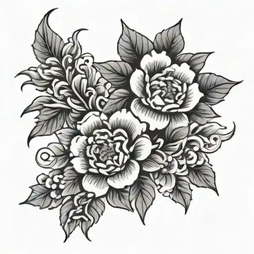 Japanese flowers with a neo traditional gothic style tattoo design idea