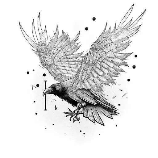 A cyberpunk-inspired tattoo of a raven with circuitry wings tattoo design idea