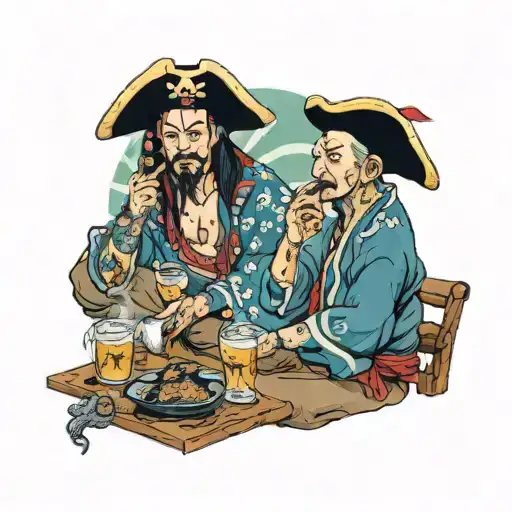 Pirates drinking alcohol, smoking, and doing drugs while stock trading. tattoo design idea
