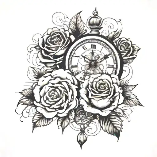 roses with clocks & mandala style tattoo tattoo design idea