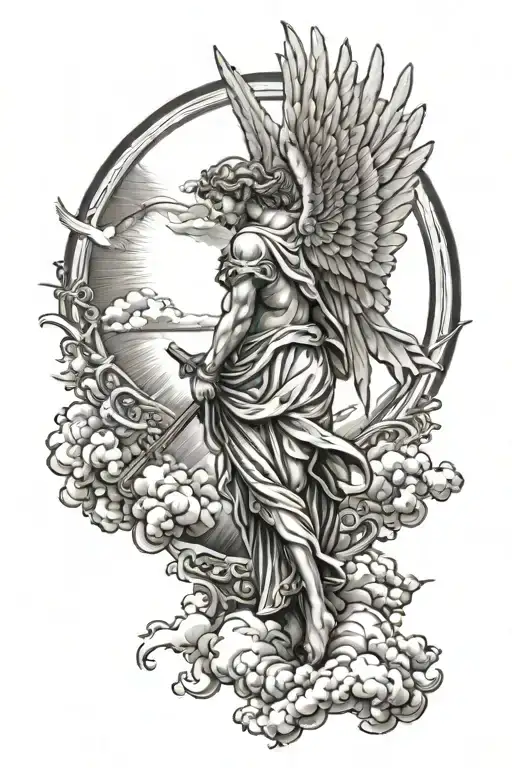 backpiece with guardian angel surounded by a big sun & clouds tattoo design idea