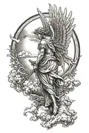 backpiece with guardian angel surounded by a big sun & clouds tattoo design idea