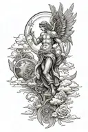 backpiece with guardian angel surounded by a big sun & clouds tattoo design idea