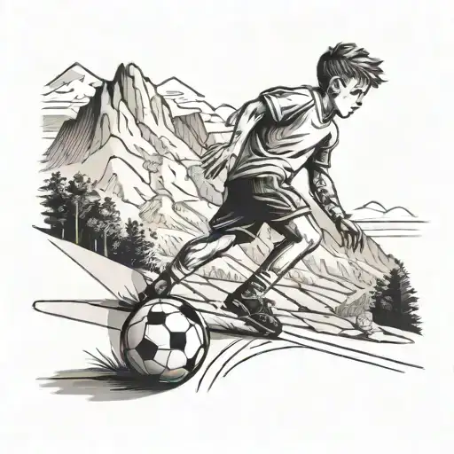 Boy on a Soccerpitch infront of a small Mountain Scene tattoo design idea