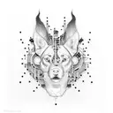 A portrait of Avicii with circuit board patterns surrounding him tattoo design idea