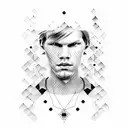 A portrait of Avicii with circuit board patterns surrounding him tattoo design idea