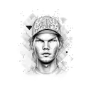 A portrait of Avicii with circuit board patterns surrounding him tattoo design idea