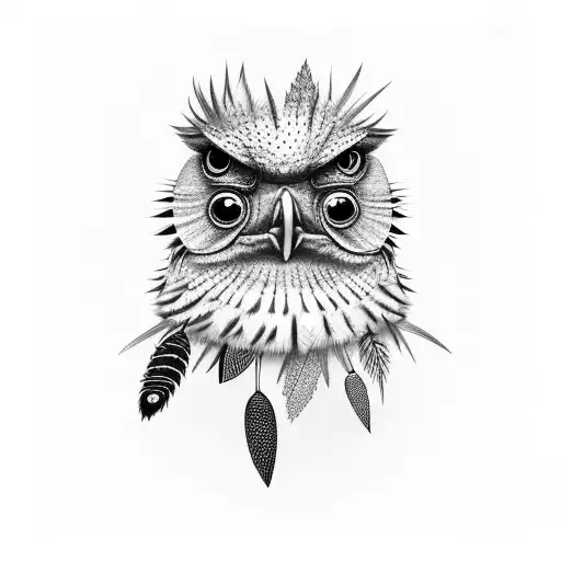 sleeve with tawny frogmouth surrounded by native Australian bird feather tattoo design idea