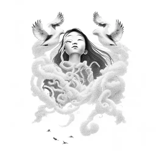 A haunting black-grey portrait of Annabelle Lee with a melancholic expression, surrounded by swirling waves and seagulls, capturing the essence of Poe's poem and the themes of love and mourning tattoo design idea