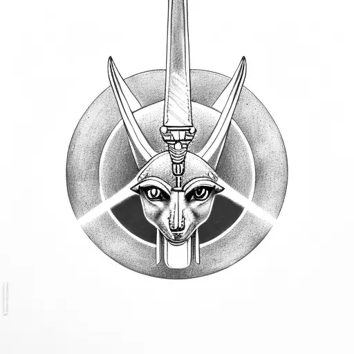 Anubis full body holding an ankh symbol and an eye of horus portrait looking to the right side tattoo design idea