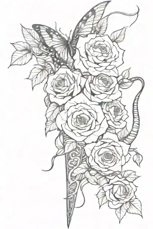 dagger snake roses butterflies tattoo design idea