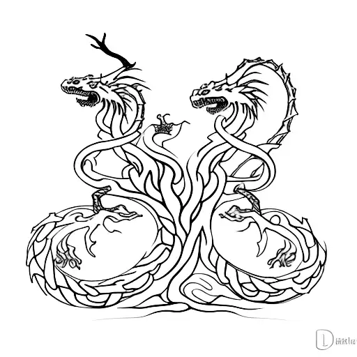 a majestic tree like the White Tree of Gondor, with Dacian Draco inspired serpentine dragons coiled around its branches tattoo design idea