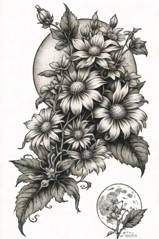 daisies, sweet pea flowers and some greenery, with a stippled moon behind tattoo design idea