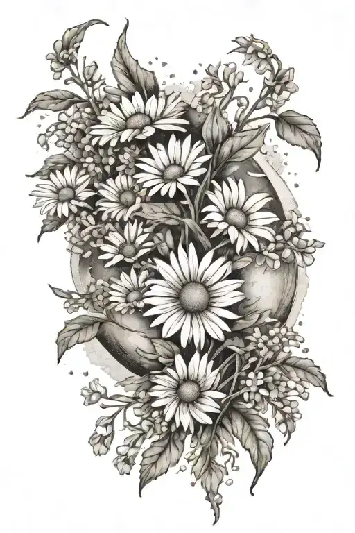 Bouquet of daisies, sweet pea flowers and some greenery, with a stippled moon behind tattoo design idea