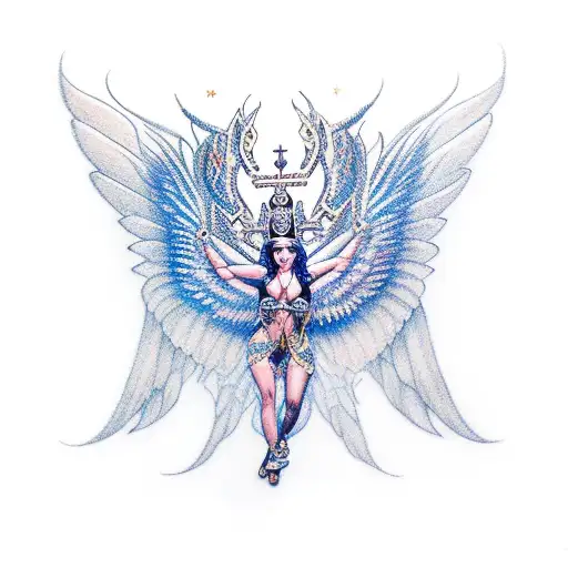 goddess Ishtar volumetric full-length, with wings behind the back, in a crown, in a bikini, symmetrically tattoo design idea