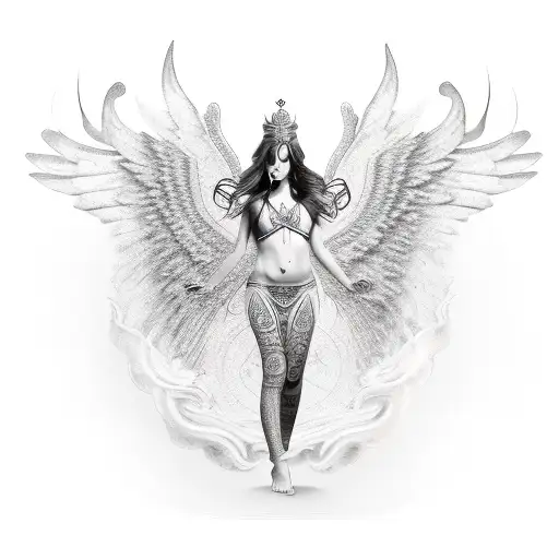 goddess Ishtar volumetric full-length, with wings behind the back, in a crown, in a bikini, symmetrically tattoo design idea