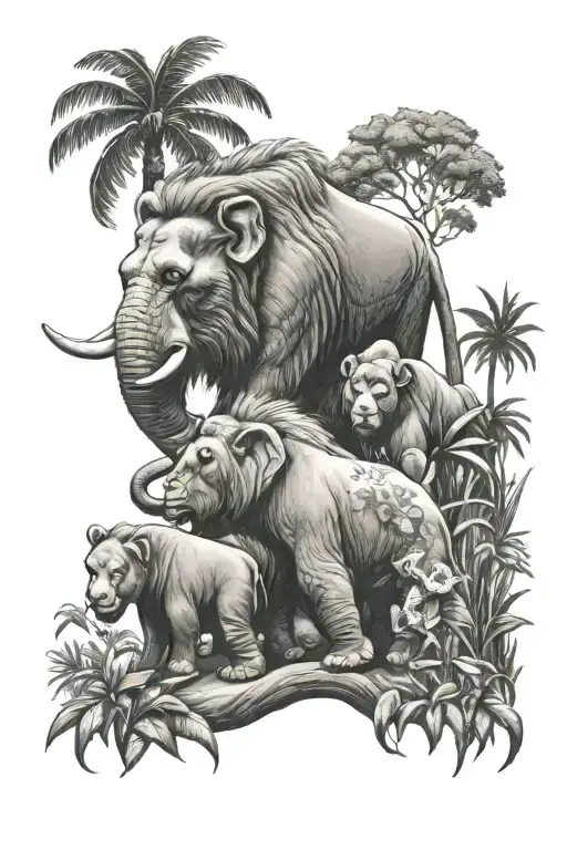elephant lion and gorilla jungle setting tattoo design idea