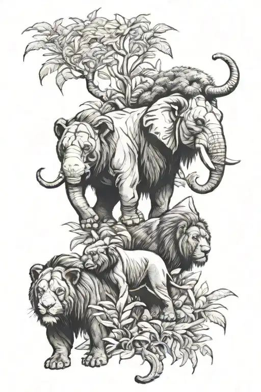 elephant lion and gorilla jungle tattoo design idea
