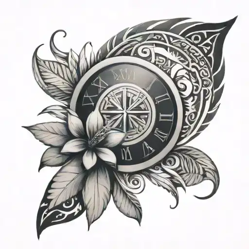 black and grey round tatoo for chest, with roman numeral date with polynesian details tattoo design idea