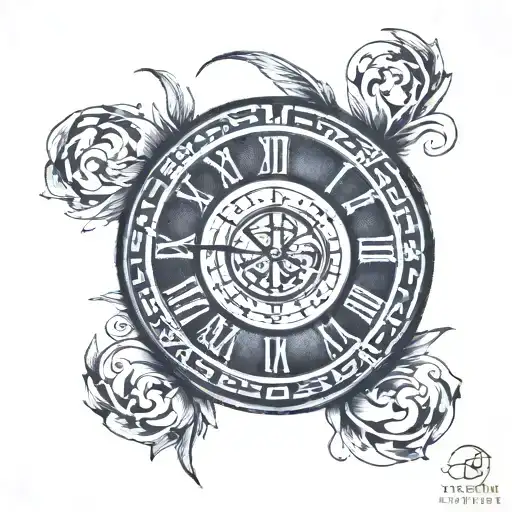 black and grey round tatoo for chest, with roman numeral date with polynesian details tattoo design idea